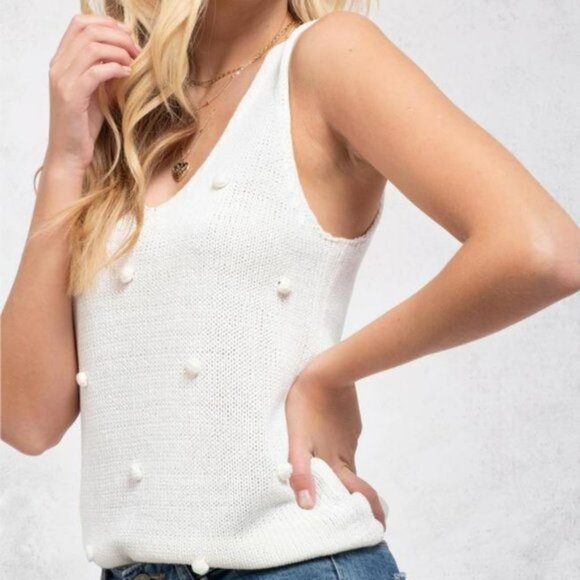 Blu Pepper Anthropologie Ivory Knit Tank Top Pom Pom Sleeveless V-neckline Sz L - Picture 1 of 16